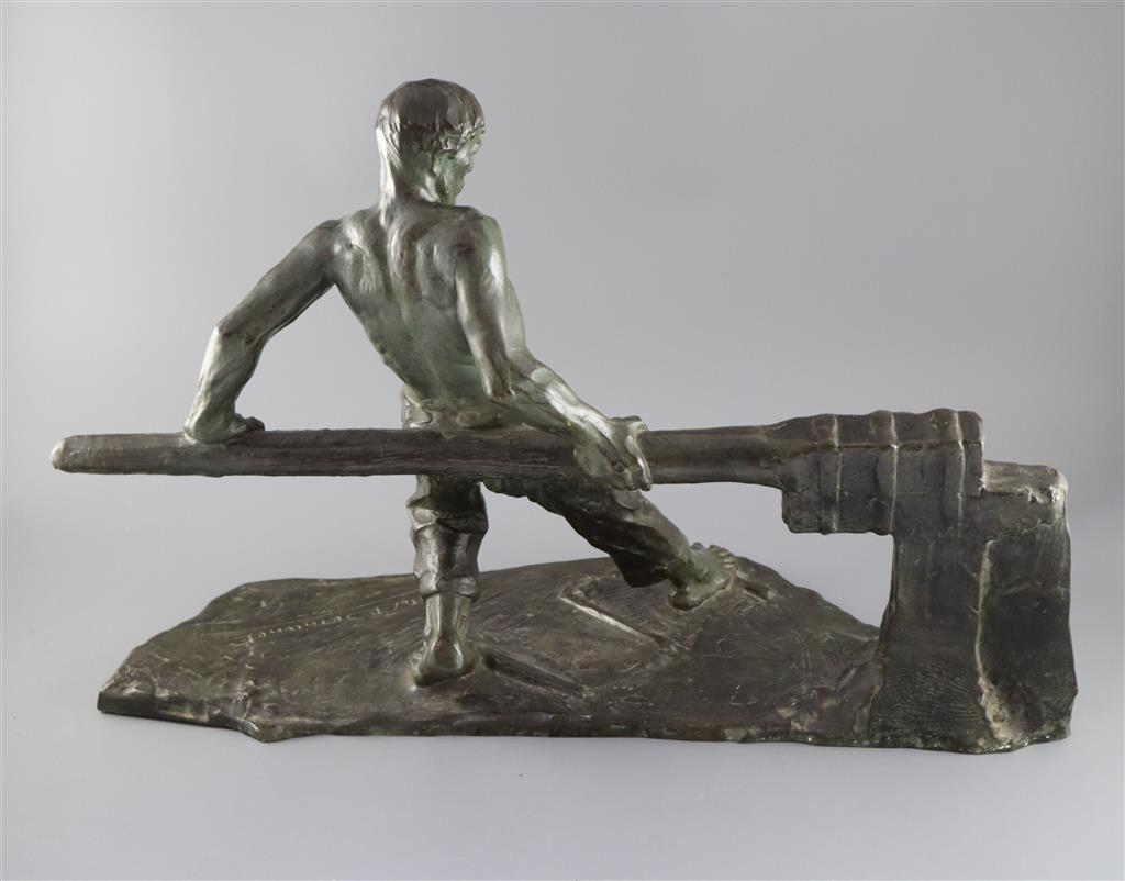 Victor Demanet (1895-1964). A bronze figure of a barge man operating a lock gate, width 26in. height 17in.